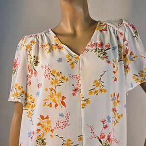 Liz Claiborne Top Floral Short Sleeve Blouse V Neck Spring Career Womens Size L